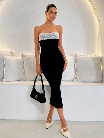 Step into summer with this playful black and white color block dress, featuring a flattering mid-length cut and delicate lace trim. Perfect for festivals or romantic escapes, it combines comfort and style effortlessly, making every moment feel special and fun.