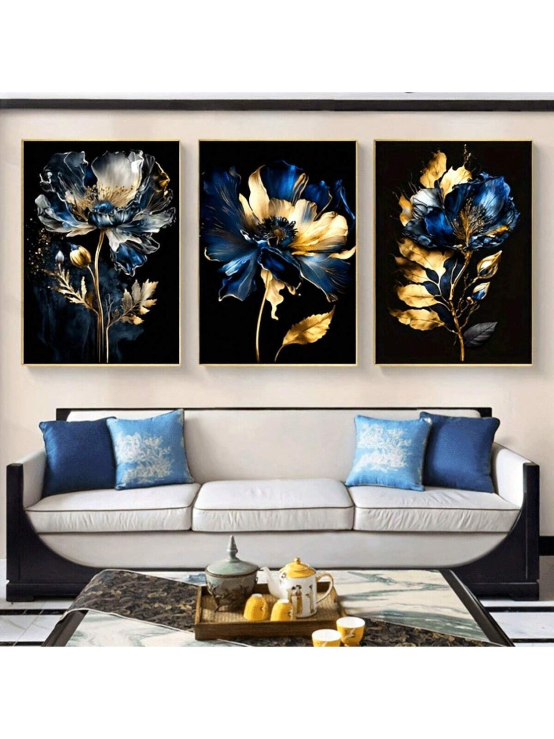 Transform your home into a stylish oasis with our Elegant Black and Blue Floral Abstract Canvas Art. This 3-piece set features a beautiful fusion of black and blue floral patterns, enhancing any room with a touch of elegance. Elevate your decor with this stunning statement piece.