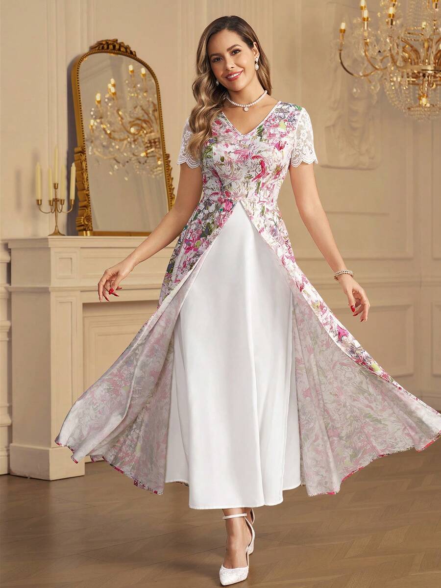Black and pink floral lace V-neck dress with A-line skirt