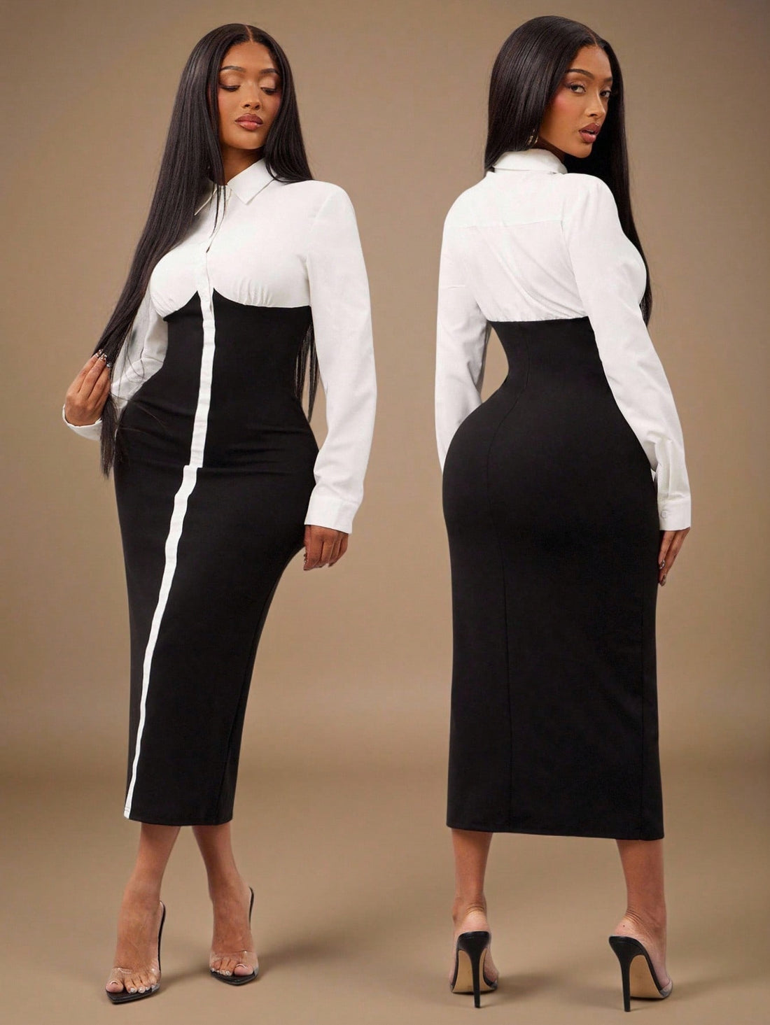 Step into the spotlight with this elegant black and white color block bodycon dress. Its sleek long sleeves and flattering fit bring a professional edge while letting your playful side shine. Perfect for meetings or after-hours events, this dress combines sophistication with a dash of fun for women who mean business—and know how to have a good time.