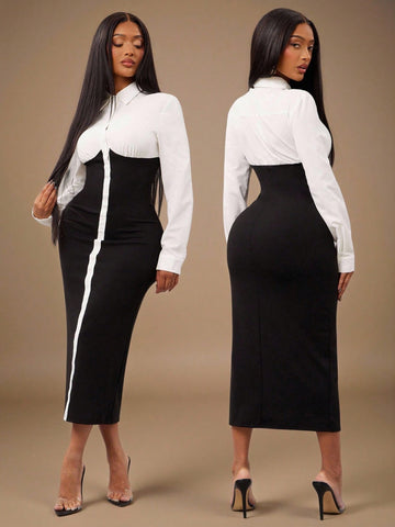 Step into the spotlight with this elegant black and white color block bodycon dress. Its sleek long sleeves and flattering fit bring a professional edge while letting your playful side shine. Perfect for meetings or after-hours events, this dress combines sophistication with a dash of fun for women who mean business—and know how to have a good time.