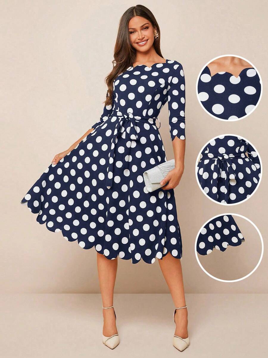 Step out in style with this playful black and white polka dot midi dress, featuring a charming shell trim that adds a touch of whimsy. Perfectly versatile, it transitions effortlessly from casual days to lively parties and even polished business settings. Flatter your figure with a fun, feminine silhouette that never goes out of style.