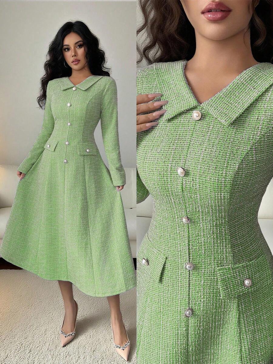 Elevate your wardrobe with this charming blue-green midi dress that strikes the perfect balance between polished and playful. The flattering A-line silhouette skims your curves beautifully, while the ruffled collar adds a touch of vintage-inspired flair. Adorned with delicate faux pearl buttons down the front, this dress transitions seamlessly from the classroom to date night. Whether you're impressing colleagues or turning heads on a romantic evening, this versatile piece proves that timeless elegance neve