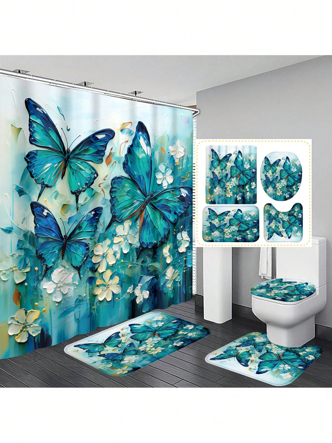 Transform your bathroom into a whimsical oasis with our Elegant Blue Butterfly set. The waterproof shower curtain adds a touch of elegance while keeping your floors dry. Complete with matching accessories, this set will bring joy to your daily routine. Flutter away to a beautiful bathroom experience!