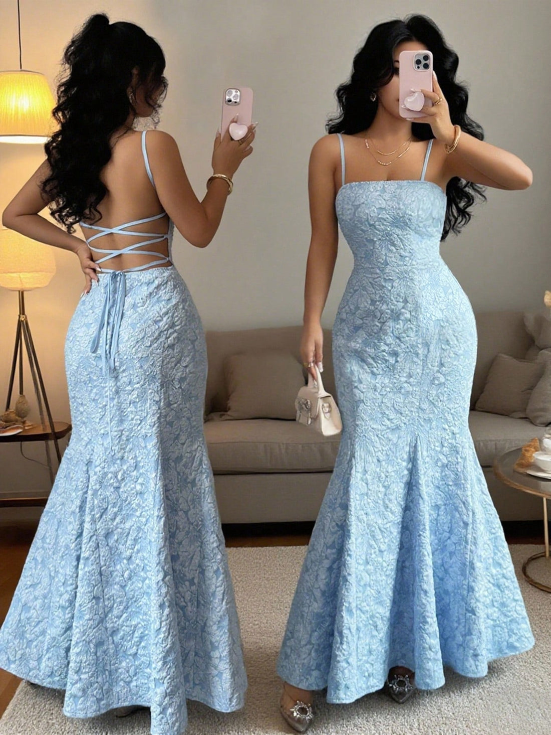 This playful blue floral satin fishtail halter gown brings a splash of summer elegance to any wedding or party. Its smooth satin finish and flattering fishtail silhouette highlight your curves while the halter neckline adds a flirty touch. Perfect for turning heads and dancing the night away with ease and style.