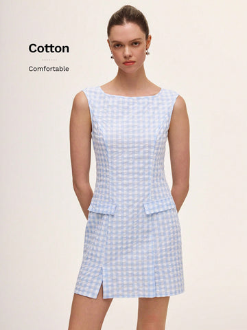 Step into spring and summer with this playful blue plaid A-line dress, designed to brighten your day. The flattering V-neck and breezy silhouette offer comfort and style, while the soft polyester-cotton blend keeps you cool and carefree. Perfect for sunny outings or casual gatherings, this dress adds a cheerful touch to your wardrobe.