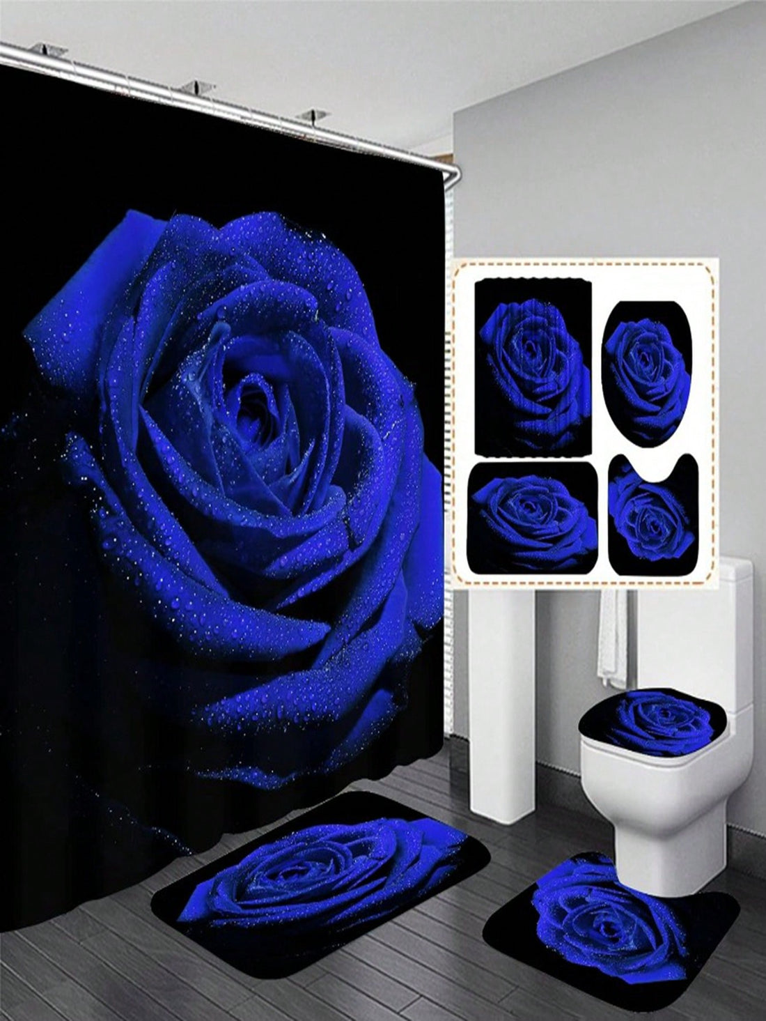 Transform your bathroom into an elegant oasis with our Blue Rose Shower Curtain Set. Featuring 1-3 pieces and hooks included, this decor adds a touch of sophistication to any space. Upgrade your shower routine with this beautiful and functional addition. (Bathroom not included, unfortunately!)