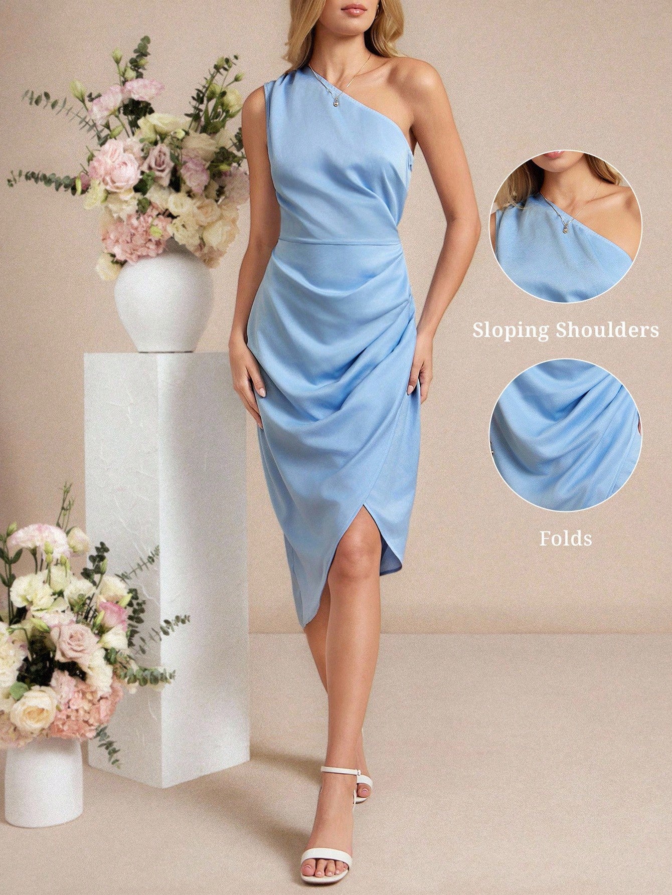 Step out in style with this Elegant Blue Satin Dress, designed to flatter your silhouette with its slimming fit. Perfectly suited for vacations, afternoon tea, or any special occasion, its smooth satin fabric adds a touch of luxury and charm. Feel confident and effortlessly chic wherever you go!
