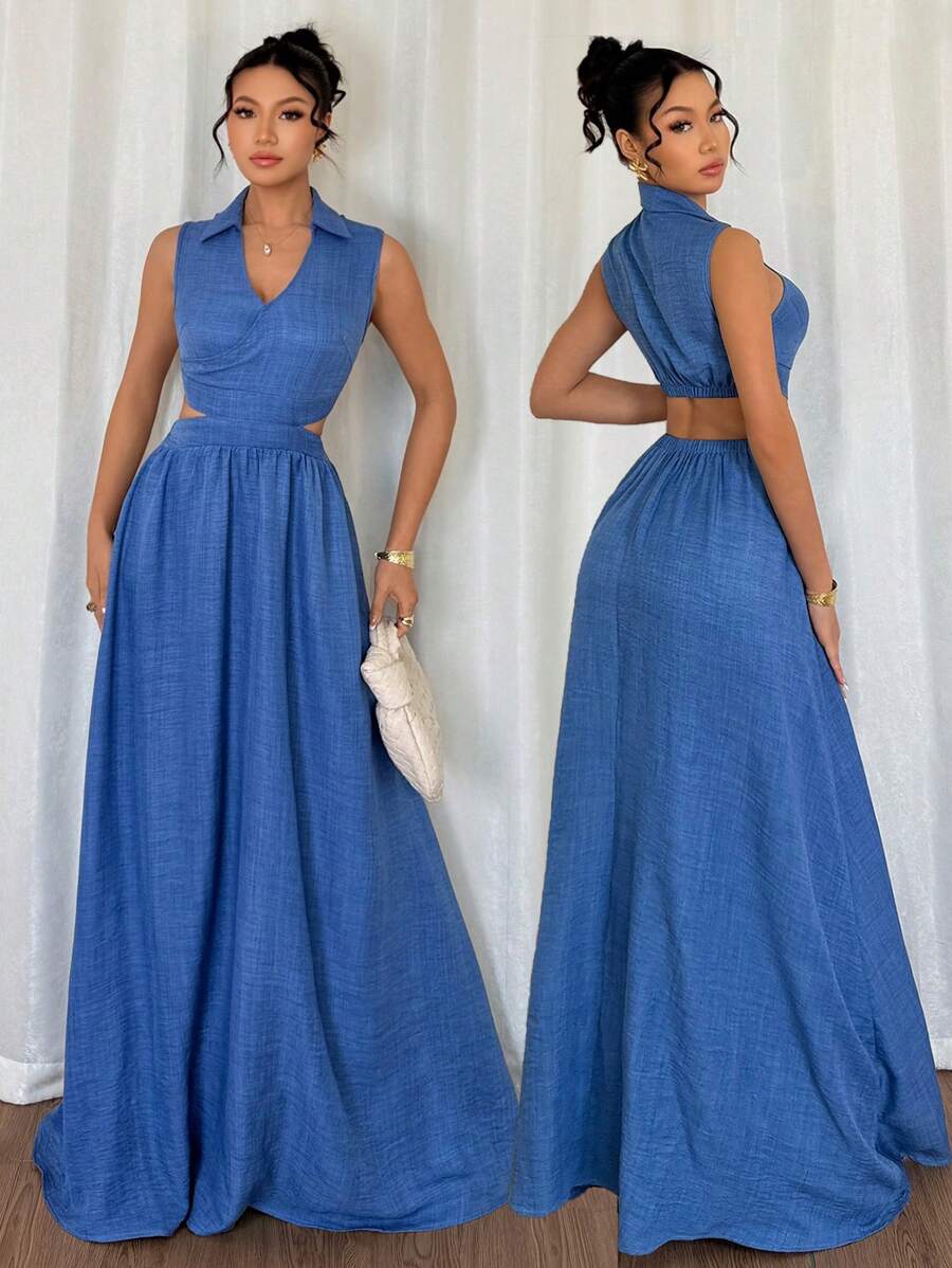 This chic summer dress is perfect for any occasion! With its elegant French woven design, V-neckline, and sleeveless style, you'll feel stylish and comfortable all day long. The hollow-out waist adds a touch of playfulness to this classic piece. Say oui to this dress!