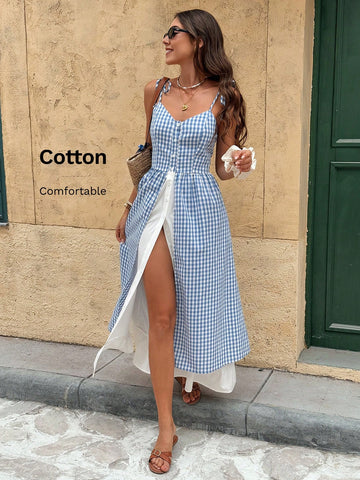 Step into summer with this playful blue and white plaid slip dress, designed with a breezy dual-layer for effortless style. Its casual boho vibe makes it perfect for sunny days and spontaneous adventures, keeping you cool and chic wherever you go.