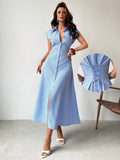 Timeless elegance meets everyday versatility in this blue and white striped A-line midi dress. The classic striped pattern flatters all figures, while the flowing A-line silhouette provides comfortable movement from morning commute to evening events. Crafted for those who appreciate quality and style, this dress transitions seamlessly between casual and formal settings. The midi length offers sophisticated coverage without sacrificing modern appeal. An essential wardrobe staple that works as hard as you do.