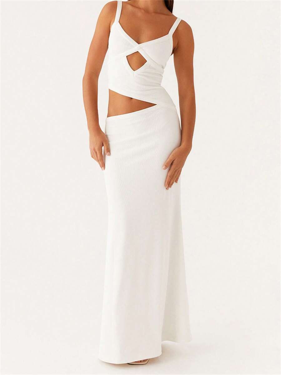 Slip into effortless elegance with this stunning bodycon maxi dress. The deep V-neck and delicate spaghetti straps create a sophisticated silhouette, while the cut-out detail adds a modern edge. Crafted from a comfortable woven blend of 95% polyester and 5% elastane, this sleeveless design flatters your figure with its regular fit and low waistline. Perfect for summer parties, weddings, date nights, and special celebrations, this versatile piece transitions seamlessly from day to evening. The plain white fa