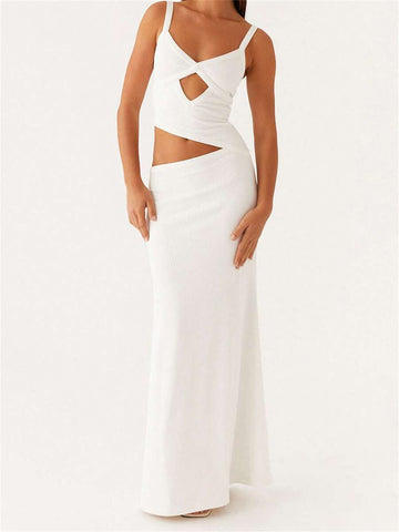 Slip into effortless elegance with this stunning bodycon maxi dress. The deep V-neck and delicate spaghetti straps create a sophisticated silhouette, while the cut-out detail adds a modern edge. Crafted from a comfortable woven blend of 95% polyester and 5% elastane, this sleeveless design flatters your figure with its regular fit and low waistline. Perfect for summer parties, weddings, date nights, and special celebrations, this versatile piece transitions seamlessly from day to evening. The plain white fa