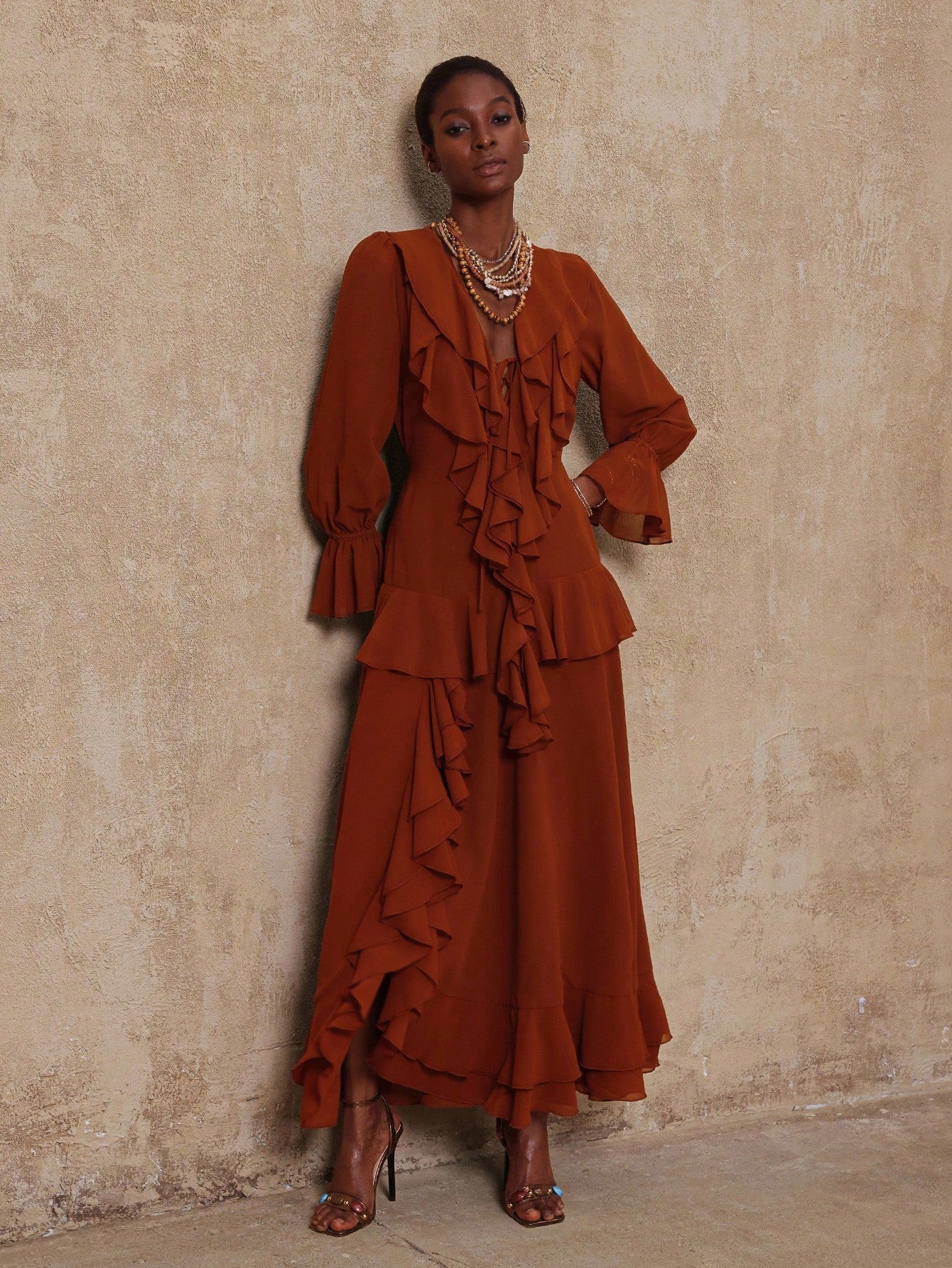 Elegant Bohemian Coffee Chiffon Maxi Dress with Ruffles for Weddings a – Canary Houze