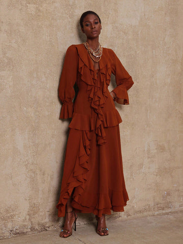 Elegant Bohemian Coffee Chiffon Maxi Dress with Ruffles for Weddings a – Canary Houze