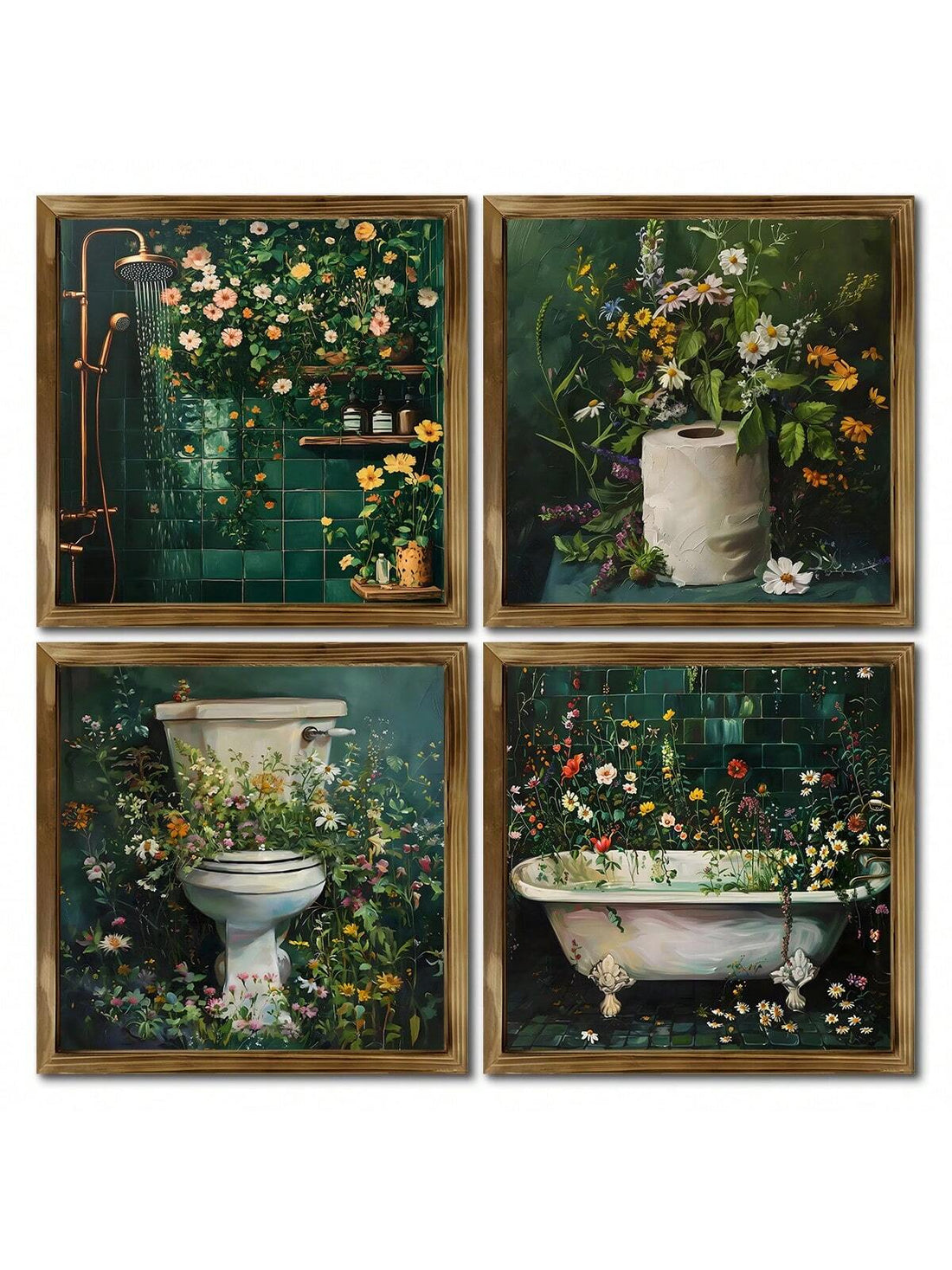 Add a splash of nature’s charm to your bathroom with this Elegant Botanical Bathtub Wall Art Set. Featuring four delightful floral prints, these vintage-inspired pieces bring a fresh, playful vibe to your space. Perfect for creating a cozy, expressive bathroom atmosphere, each print captures the beauty of delicate blooms that inspire relaxation and joy during your bath time. Transform your bath area into a blooming retreat with this lovely art set.