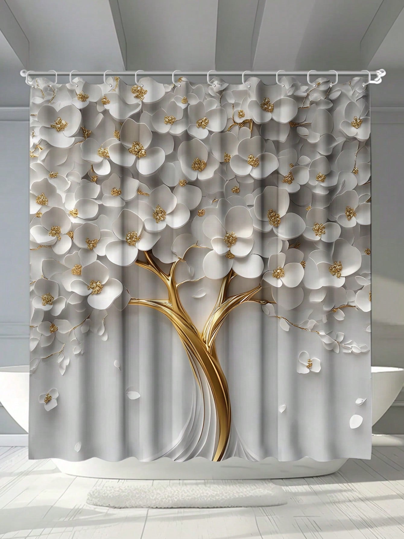 Introduce a touch of elegance to your bathroom with our Elegant Botanical Gold Floral Shower Curtain. Made with waterproof and mildew resistant material, it comes complete with hooks and grommets for easy installation. Keep your space clean and stylish with this chic and functional addition!
