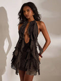 Black sparkly halter ruffle mini dress with plunge keyhole