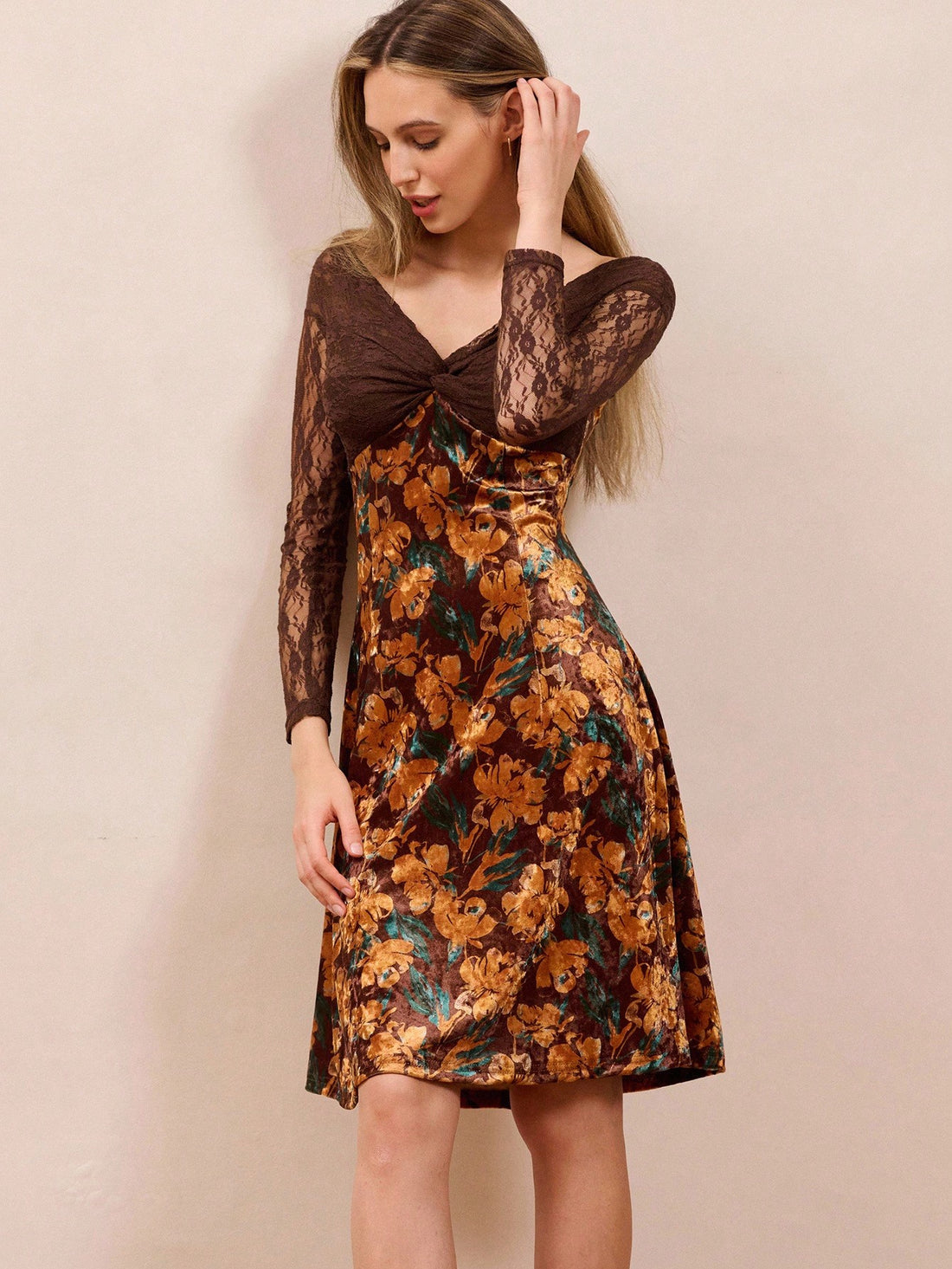 Elevate your wardrobe with this stunning brown floral mini dress that's equal parts sophisticated and fun! The delicate lace long sleeves add a touch of romance while keeping you cozy through cooler months. Whether you're heading to the office, dancing the night away at a party, or attending a winter gathering, this versatile piece transitions effortlessly from day to night. The charming floral pattern brings life to any occasion, while the flattering mini silhouette ensures you'll feel confident and fabulo
