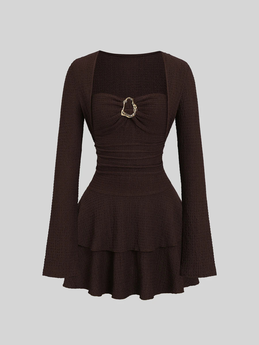 Front view of coffee-brown strapless ruched mini dress with cropped shrug