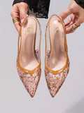 Elevate your evening look with these stunning brown lace embroidered high heel pumps. Featuring a sophisticated pointed toe silhouette and delicate bow detailing, these stiletto heels deliver timeless elegance for weddings, parties, and special occasions. Crafted from premium PU leather with contrasting lace accents, they offer both style and comfort. The slip-on slingback design ensures easy wear, while the true-to-size fit provides a perfect fit every time. Perfect for Valentine's Day, Christmas, or any g