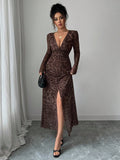 Turn heads in this stunning brown leopard print bodycon dress that's equal parts fierce and fabulous. The plunging V-neckline and figure-hugging silhouette create an undeniably chic look, while the mesh detailing adds just the right amount of sass and sophistication. Whether you're dancing the night away at a party, celebrating at a wedding, or making a grand entrance at any special occasion, this dress delivers show-stopping style. The timeless leopard print pairs effortlessly with your favorite heels and 