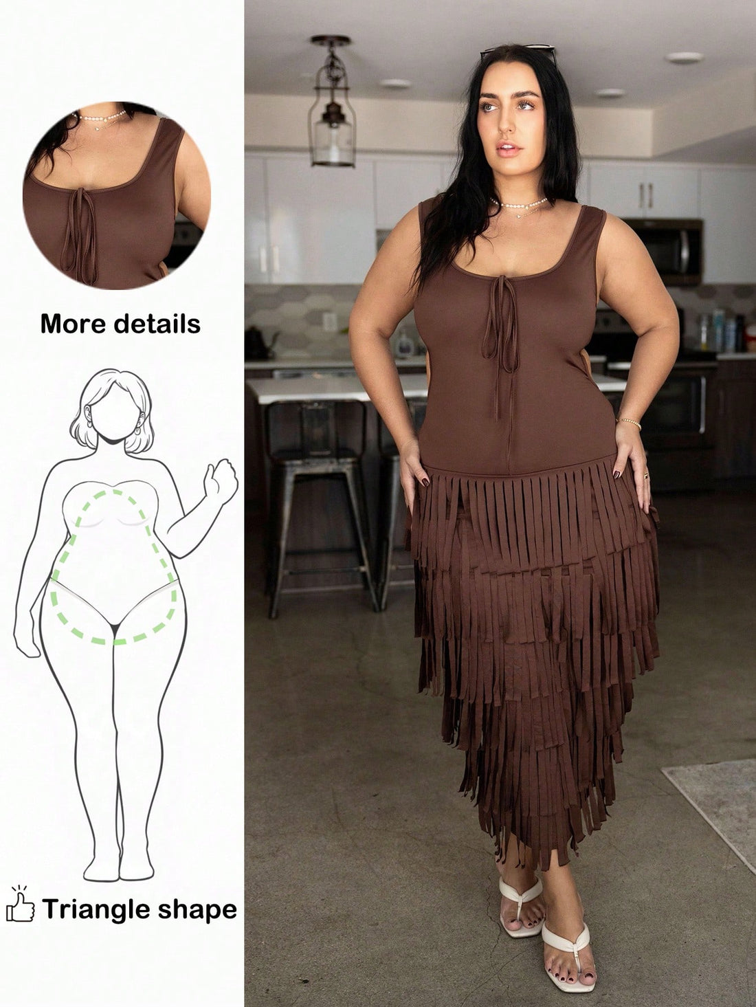 Slip into effortless elegance with this stunning brown maxi dress, thoughtfully designed to celebrate pear-shaped curves. The flowing silhouette skims your figure while the playful tassel details add movement and personality. Whether you're lounging by the pool, dancing at a festival, or turning heads at a summer soirée, this versatile piece transitions seamlessly from day to night. The rich brown tone pairs beautifully with everything in your wardrobe, making it the ultimate vacation essential. Comfort mee