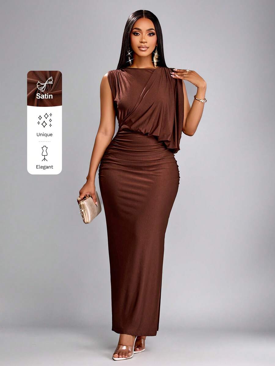 Turn heads this season in our stunning brown off-shoulder maxi dress—the perfect blend of elegance and effortless charm. Featuring a flattering off-shoulder neckline, graceful pleats, and a cheeky side slit, this dress transitions seamlessly from spring garden parties to summer soirées. The rich brown hue pairs beautifully with any complexion, while the flowing maxi silhouette keeps you cool and comfortable. Whether you're dancing under the stars or sipping cocktails with friends, this showstopper delivers 