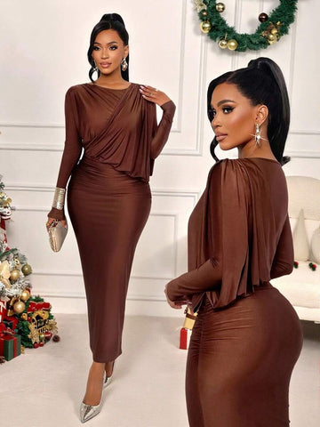 Make a statement at your next event in this stunning brown off-the-shoulder gown. The asymmetrical neckline adds an unexpected twist, while strategically placed side slits keep things flirty and fun. Perfect for parties, galas, or any occasion where you want to turn heads, this dress combines sophisticated elegance with just the right amount of sass. The flowing silhouette flatters every figure, ensuring you feel as fabulous as you look.