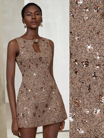 Elegant Brown Tweed Mini Dress with Sequins - High-End Minimalist Style for Office & Commute Elegant Brown Tweed Mini Dress with Sequins - High-End Minimalist Style for Office & Commute