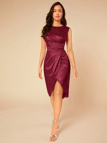 Indulge in luxury with our Elegant Burgundy Floral Jacquard Wrap Dress. This dress features a beautiful floral jacquard pattern and a flattering wrap design that cinches your waist. The ruffle hem adds a touch of femininity. Perfect for any formal occasion.