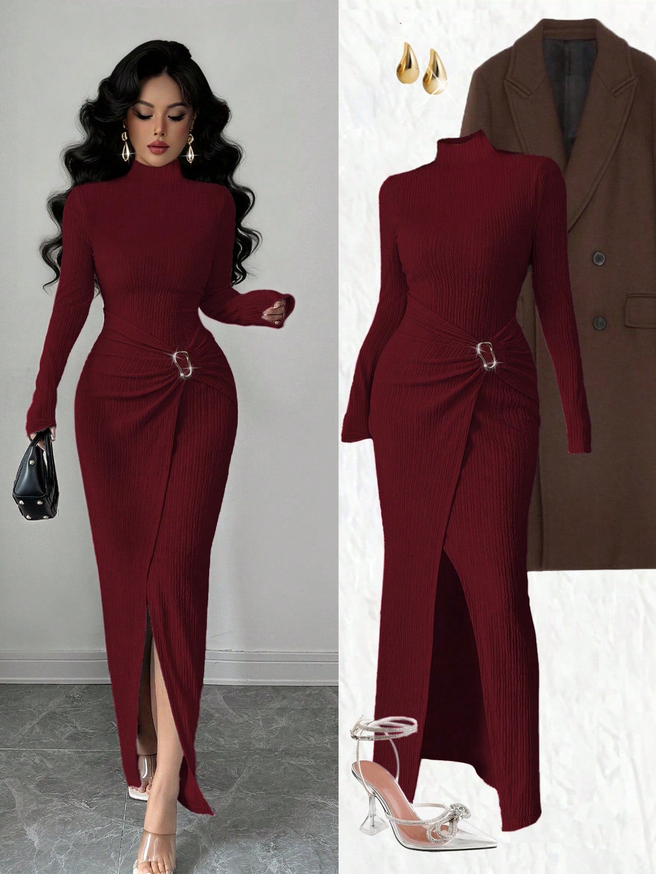 Wrap yourself in sophisticated style with this stunning burgundy knitted dress that's equal parts chic and cozy. The high neckline frames your face beautifully while the asymmetrical twisted design adds an unexpected twist—literally! Perfect for holiday parties, winter gatherings, or any occasion where you want to turn heads. The rich burgundy hue flatters every skin tone and pairs effortlessly with your favorite boots and accessories. Whether you're sipping cocoa at a festive bash or making an entrance at 