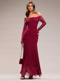 Celebrate Valentine's Day in style with this elegant burgundy maxi dress! The off-shoulder design and mesh long sleeves add a touch of romance, while the fishtail hem creates a flattering silhouette. Perfect for a classy and memorable date night.