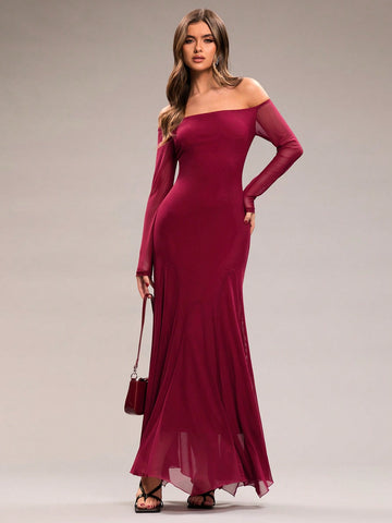 Celebrate Valentine's Day in style with this elegant burgundy maxi dress! The off-shoulder design and mesh long sleeves add a touch of romance, while the fishtail hem creates a flattering silhouette. Perfect for a classy and memorable date night.