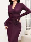 Be the center of attention in our Elegant Burgundy Red Long Sleeve V-Neck Bodycon Dress. Adorned with ruched details and a stunning metallic foil finish, this dress will have you feeling like a shining star. Perfect for a night out, this dress will surely turn heads and make a statement.