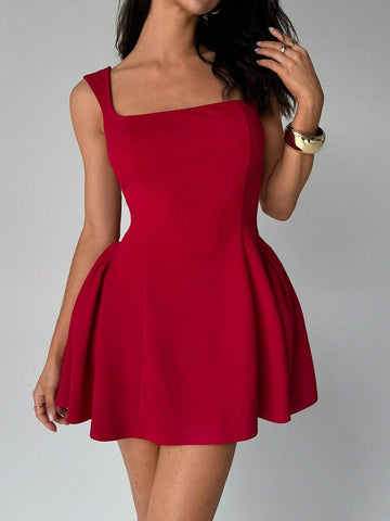 Front view of burgundy red sleeveless mini A-line dress with square neckline and flared skirt