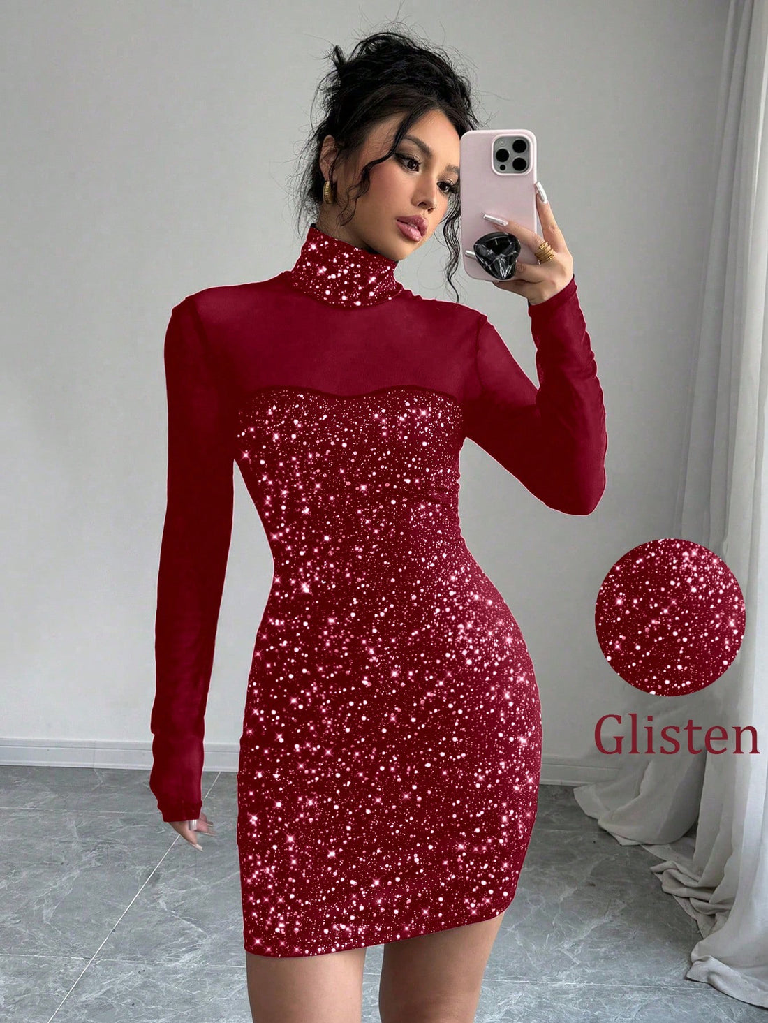 Get ready to make a statement with our Elegant Burgundy Sequin Mesh Dress! Featuring a French high collar and stunning sequin mesh, this dress is perfect for any special occasion. Stand out in style with this unique and eye-catching piece. (Trust us, you'll be the talk of the party!)