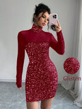 Get ready to make a statement with our Elegant Burgundy Sequin Mesh Dress! Featuring a French high collar and stunning sequin mesh, this dress is perfect for any special occasion. Stand out in style with this unique and eye-catching piece. (Trust us, you'll be the talk of the party!)