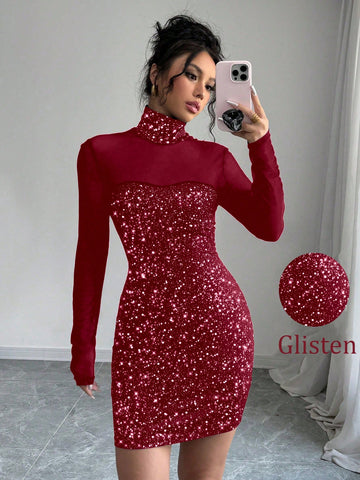 Get ready to make a statement with our Elegant Burgundy Sequin Mesh Dress! Featuring a French high collar and stunning sequin mesh, this dress is perfect for any special occasion. Stand out in style with this unique and eye-catching piece. (Trust us, you'll be the talk of the party!)