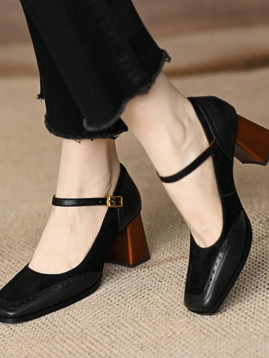 Side view of Elegant Burgundy Square Toe High Heel Pumps for Women - Chic French Style with Thick Heel for punk motorcycle boot styling