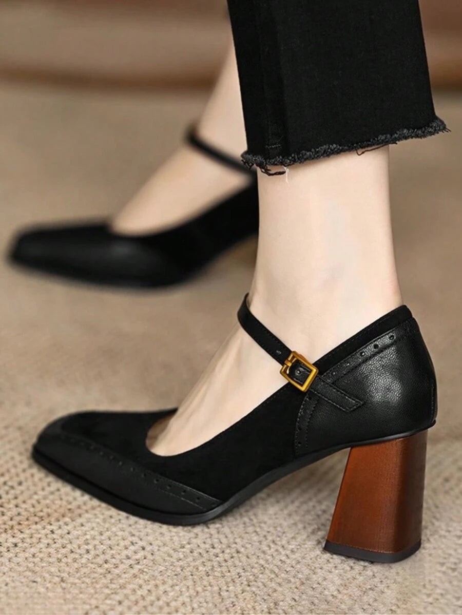 Front view of Elegant Burgundy Square Toe High Heel Pumps for Women - Chic French Style with Thick Heel for punk motorcycle boot styling