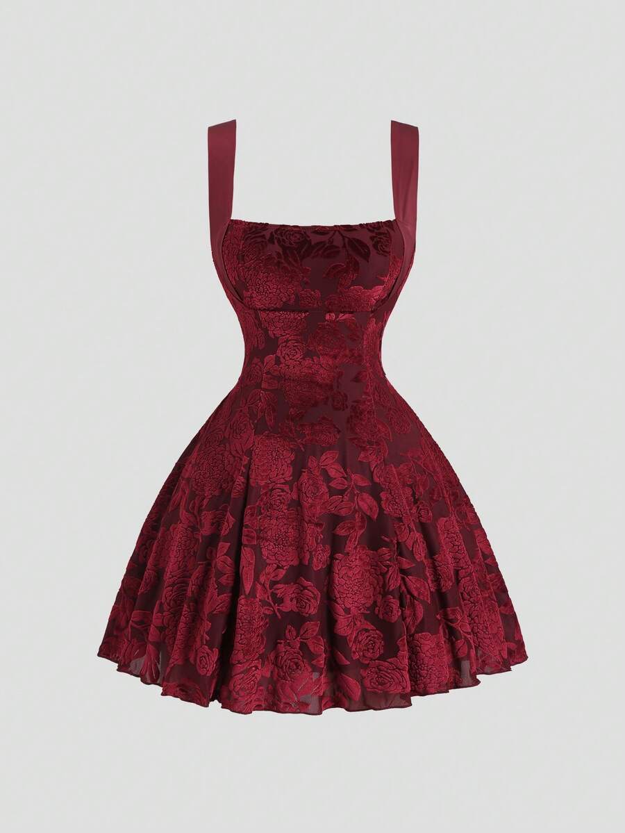 Front view of burgundy floral mesh mini dress with square neckline and full flared skirt