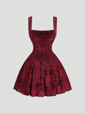 Front view of burgundy floral mesh mini dress with square neckline and full flared skirt