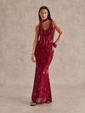 burgundy floral burnout halter maxi dress with deep V ruffle neckline, scarf tie halter, open back, sheer floral velvet texture, fitted waist and floor length mermaid hem image 1