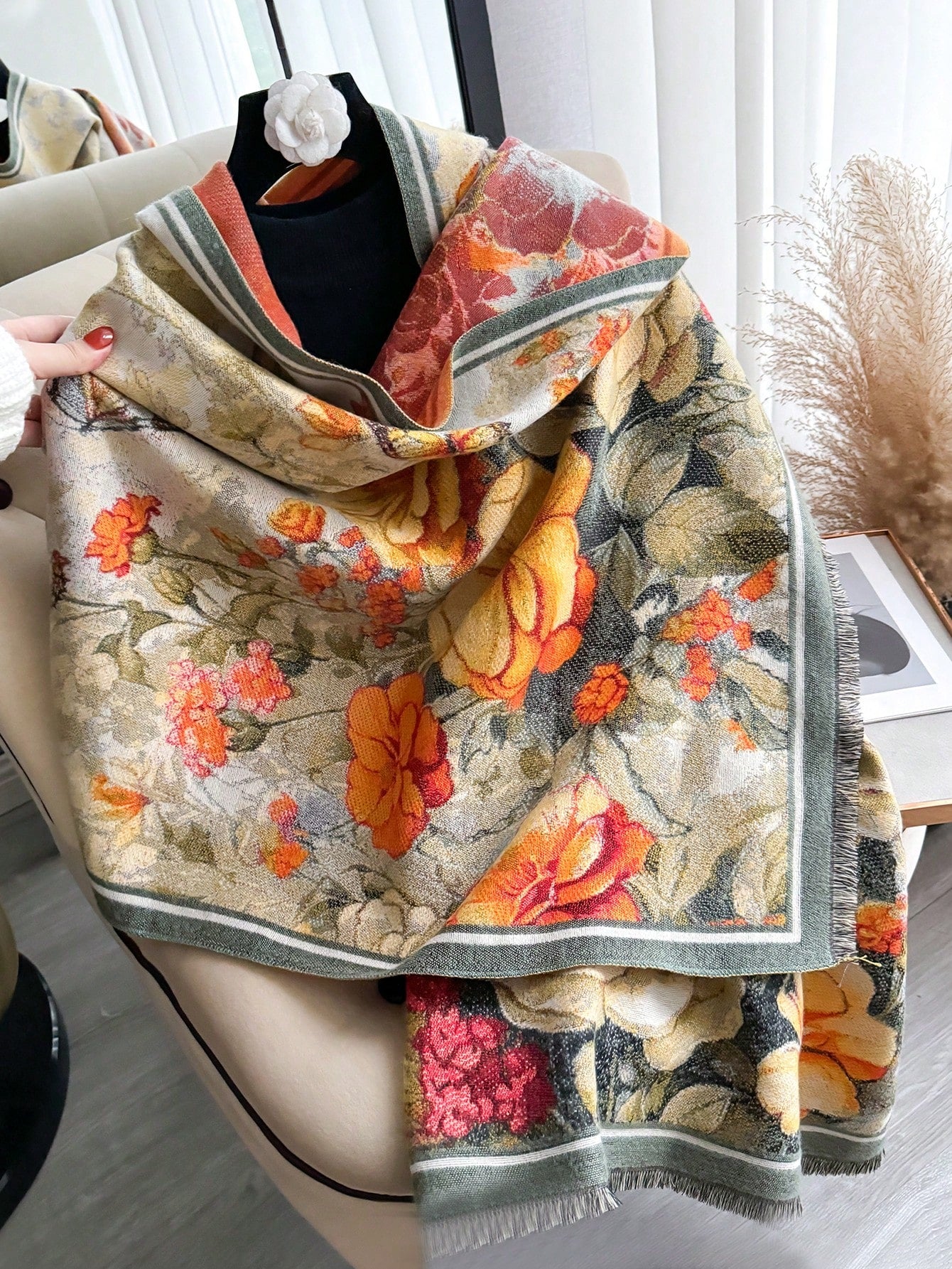 Stay stylish and warm this season with our Elegant Butterfly Floral Jacquard Scarf. Made from warm faux cashmere, this scarf is perfect for autumn and winter. The intricate butterfly floral design adds elegance to your outfit while keeping you cozy. A must-have for any fashion-forward individual.