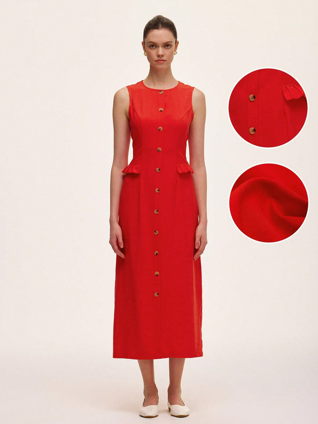 This playful bodycon dress combines elegance with casual charm. Featuring a simple round neck and button-down front, it’s accented with delicate ruffle details that add a flirty touch. Perfect for day-to-night wear, it hugs your silhouette while keeping things fun and feminine.