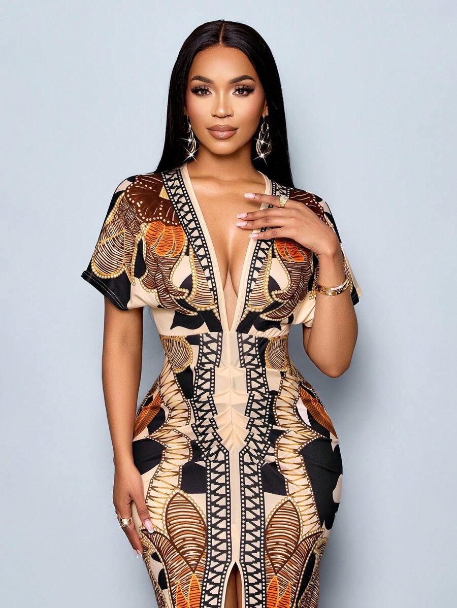 Turn heads effortlessly in this Elegant Chain Print Bodycon Dress. Featuring a daring high slit and playful batwing sleeves, its deep V-neck adds a touch of flirtiness. The bold chain pattern elevates your style, while the fitted silhouette hugs your curves just right. Perfect for nights out or special occasions, this dress blends elegance with a fun, confident vibe.
