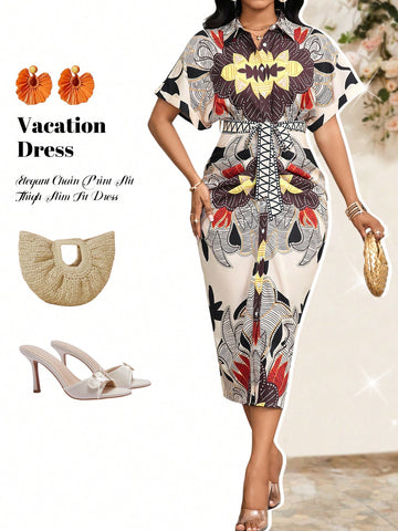 Effortlessly stylish, this slim fit shirt dress features an elegant chain print perfect for spring and summer fashion. Enhance your wardrobe with this versatile and trendy piece, offering both style and comfort. Dress to impress with this must-have dress.