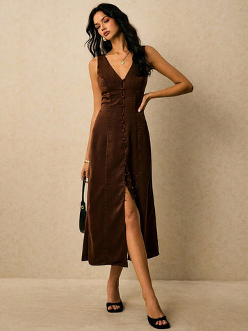 Slip into summer sophistication with this Elegant Chocolate Brown Satin Midi Dress. Its silky smooth fabric and chic button details add just the right touch of flirtatious charm for warm-weather outings or special occasions. Whether you’re twirling through a garden party or dazzling at a sunset soirée, this dress is your go-to for effortless style and a hint of playful elegance.
