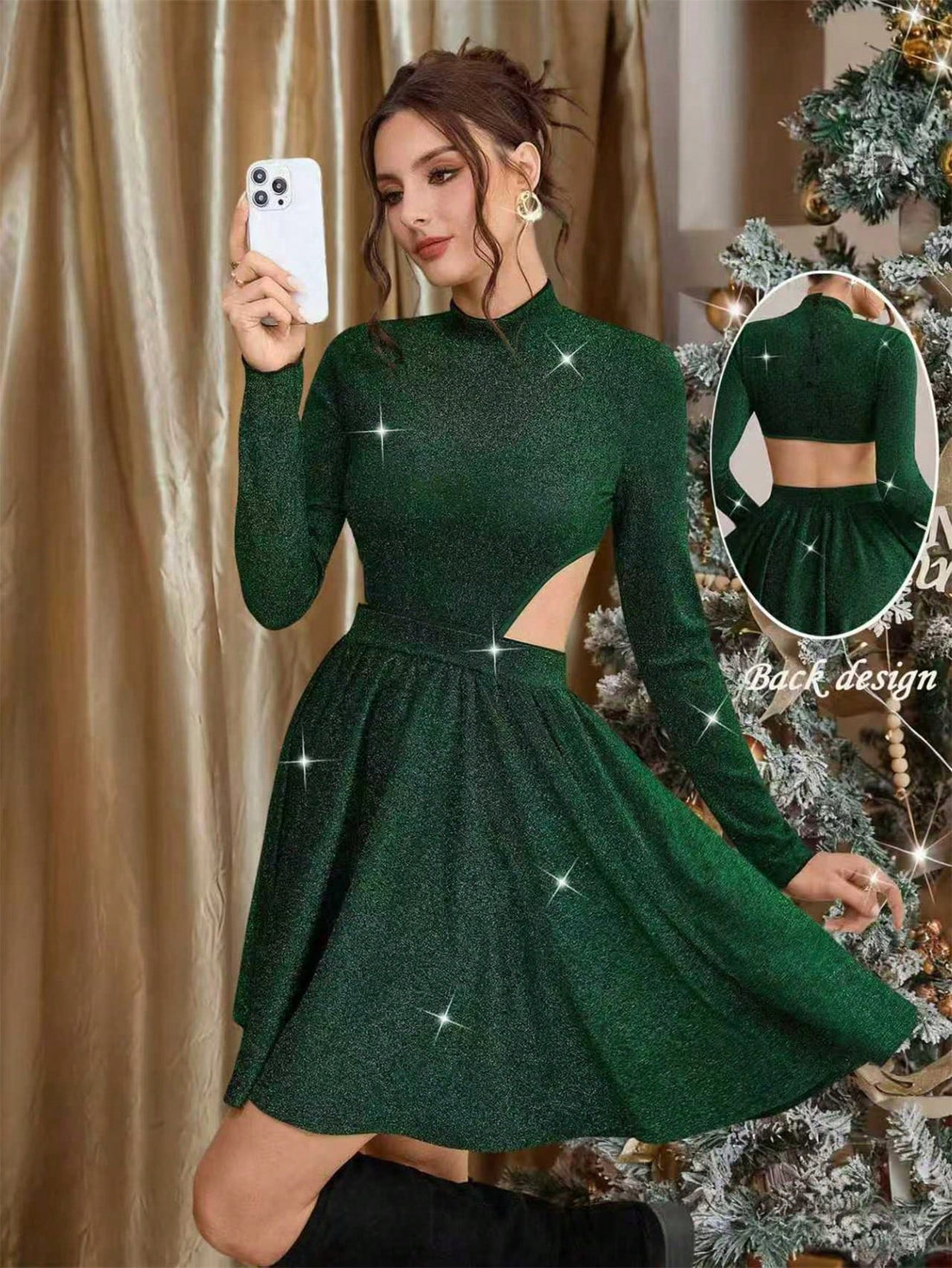 Turn heads this holiday season in this stunning Christmas dress that perfectly blends sophistication with festive flair. The graceful A-line silhouette flatters every figure, while long sleeves provide elegant coverage and warmth. The daring open back adds an unexpected touch of allure, making it ideal for holiday parties, dinners, and celebrations. Whether you're dancing the night away or mingling with guests, this chic design ensures you'll feel confident and fabulous. A timeless piece that transitions be